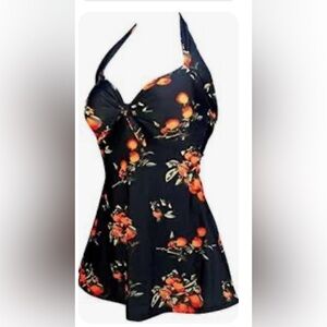Cocoship Black Orange Print Tie Halter Swimdress 3XL